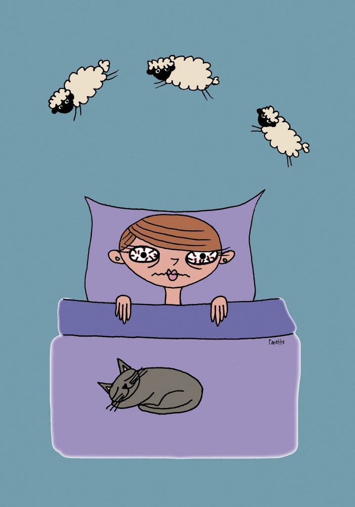 mujer con insomnio contando ovejas para dormir