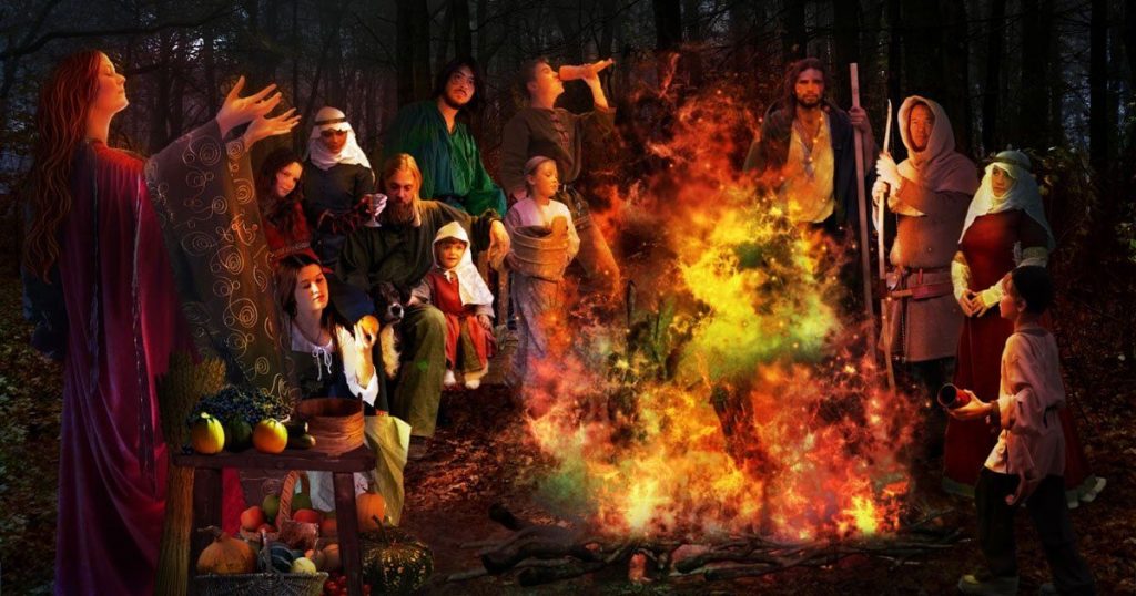 Imagen de un grupo celta celebrando la festividad de Samhain